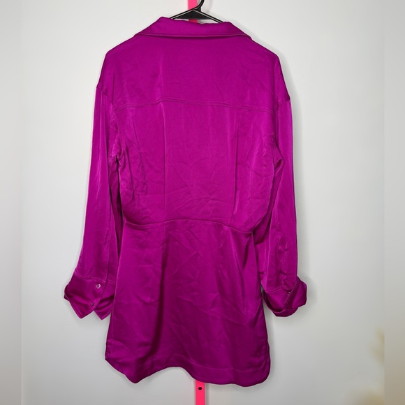 H&M Magenta Satin Effect Button Front Long Sleeve Shirt Dress Size Small - Picture 2 of 6